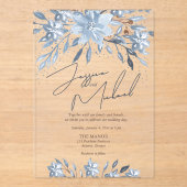 ダスティブルーフローラシックなスクリプトウィンターテーマ結婚ズ アクリル招待状 (正面)