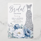 ダスティブルーフローラシルバーフォイルドレスブライダルシャワー 箔招待状 (正面)
