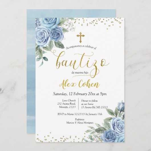 ダスティブルーフローラスペインのボーイバウティゾ 招待状 (正面/裏面)