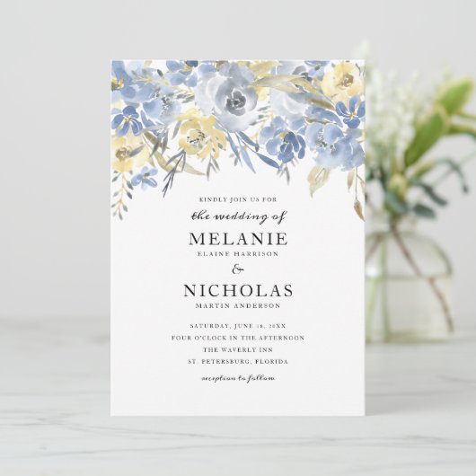 ダスティブルーフローラドロップ結婚式招待状 招待状 (スタンド正面)