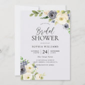 ダスティブルーフローラネイビーウォーターカラーブライダルシャワー 招待状 (正面)