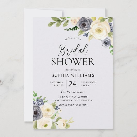 ダスティブルーフローラネイビーウォーターカラーブライダルシャワー 招待状 (正面)