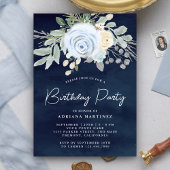 ダスティブルーフローラネイビーブルーバースデーパーティー 招待状