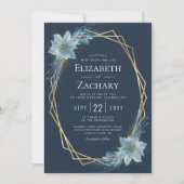 ダスティブルーフローラネイビー金ゴールド冬の結婚式 招待状 (正面)