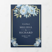 ダスティブルーフローラネイビーQRコード結婚すべて 三つ折り招待状 (カバー)