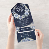 ダスティブルーフローラバラガーランドネイビーブルー結婚ズ オールインワン招待状 (貼ってはがせる)