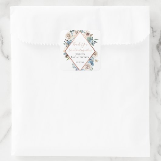 ダスティブルーフローラバラパーソナライズされた金ゴールド スクエアシール (バッグ)