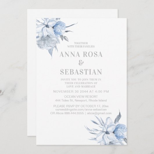 *～*ダスティブルーフローラバラAR15結婚式の出欠確認+イン 招待状 (正面/裏面)