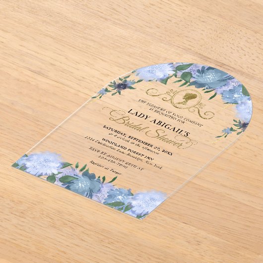 ダスティブルーフローラビクトリアンブライダルシャワーアーチ アクリル招待状 (レイダウン)