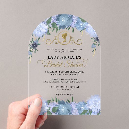 ダスティブルーフローラビクトリアンブライダルシャワーアーチ アクリル招待状 (インサイチュ (ポータブル))