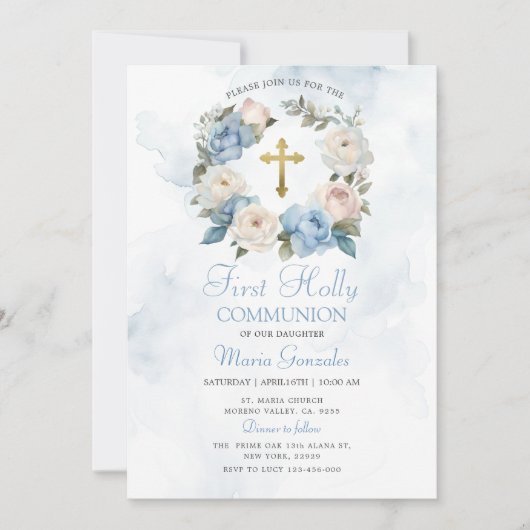 ダスティブルーフローラファーストホーリーコミュニオン 招待状 (正面)