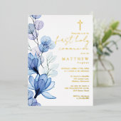 ダスティブルーフローラファースト聖餐式金ゴールド 箔招待状 (立ち正面)