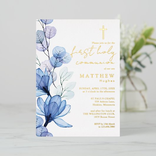 ダスティブルーフローラファースト聖餐式金ゴールド 箔招待状 (立ち正面)