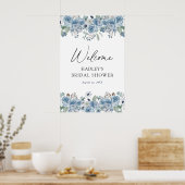 ダスティブルーフローラブライダルシャワーウェルカムサイン ポスター (キッチン)