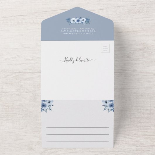 ダスティブルーフローラブライダルシャワー付きレシピ オールインワン招待状 (外側)