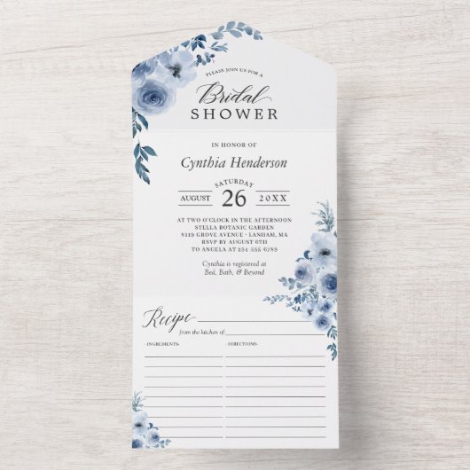 ダスティブルーフローラブライダルシャワー付きレシピ オールインワン招待状 (内側)