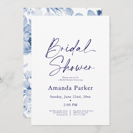ダスティブルーフローラブライダルシャワー 招待状 (正面/裏面)