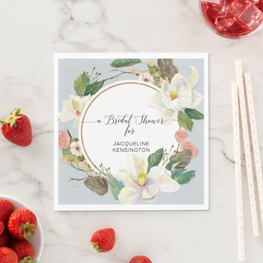 ダスティブルーフローラホワイトマグノリア水彩リーフ スタンダードランチョンナプキン (インサイチュ)