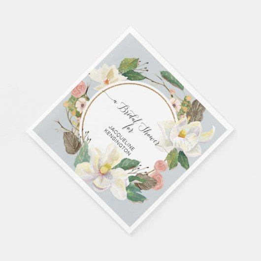 ダスティブルーフローラホワイトマグノリア水彩リーフ スタンダードランチョンナプキン (角)