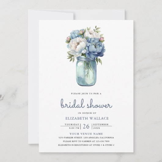 ダスティブルーフローラメイスンジャール写真ブライダルシャワー 招待状 (正面)