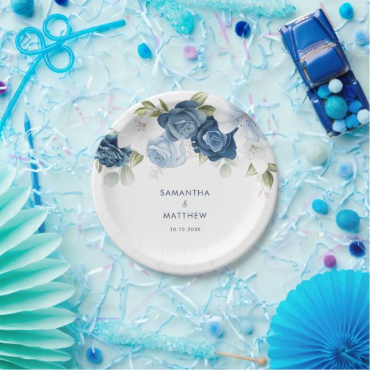 ダスティブルーフローラモダンカスタムウェディング ペーパープレート (パーティー)