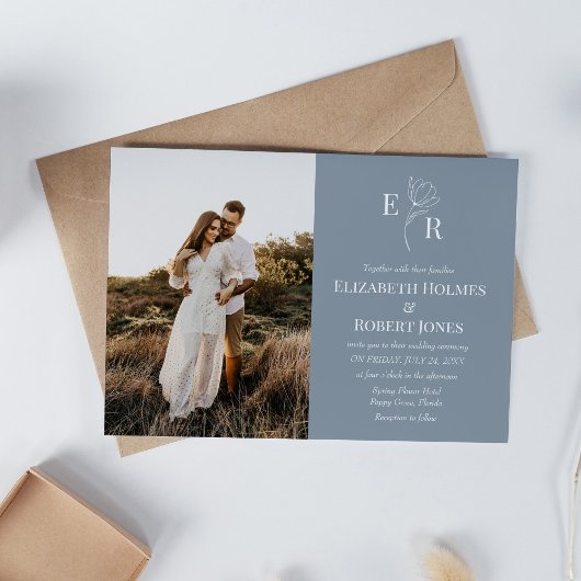 ダスティブルーフローラモノグラムカスタムフォト結婚ズ 招待状