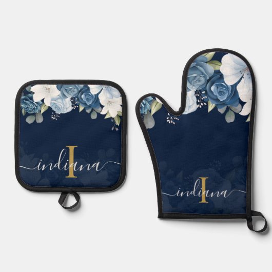 ダスティブルーフローラモノグラムスクリプト名のパーソナライズ 鍋つかみ&鍋敷きセット (正面)