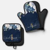 ダスティブルーフローラモノグラムスクリプト名のパーソナライズ 鍋つかみ&鍋敷きセット (正面/裏面)