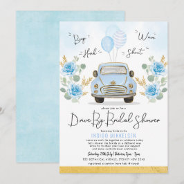 ダスティブルーフローラレトロ車ドライブバイブライダルシャワー 招待状
