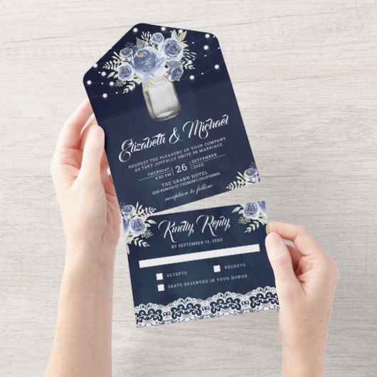 ダスティブルーフローラレースメイスンジャニーブルー結婚ズ オールインワン招待状 (貼ってはがせる)