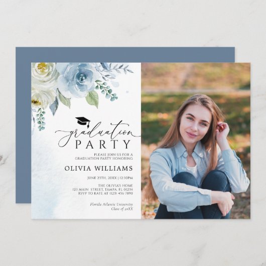 ダスティブルーフローラ写真卒業パーティー 招待状 (正面/裏面)