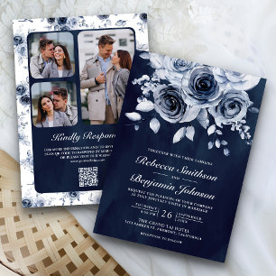 ダスティブルーフローラ写真QRコードネイビー結婚ズ 招待状