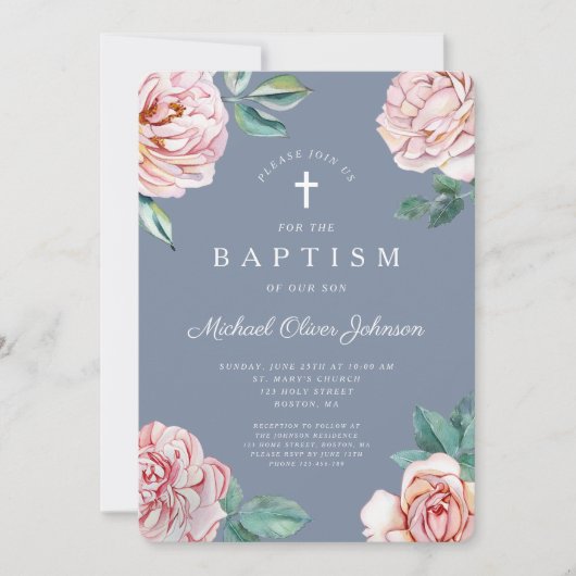 ダスティブルーフローラ宗教交叉ボーイバプテスマ 招待状 (正面)