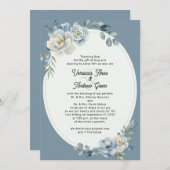 ダスティブルーフローラ楕円フレーム結婚式招待状 招待状 (正面/裏面)