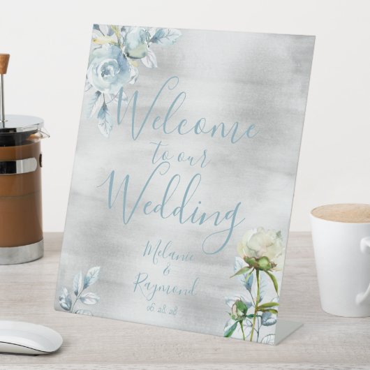 ダスティブルーフローラ歓迎結婚我々の手書き 台座サイン (インサイチュ)