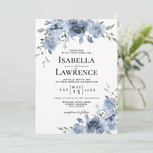 ダスティブルーフローラ水彩結婚式招待状 招待状 (スタンド正面)