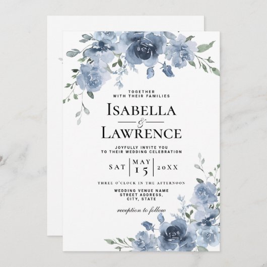 ダスティブルーフローラ水彩結婚式招待状 招待状 (正面/裏面)