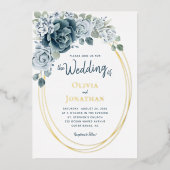 ダスティブルーフローラ水彩金箔結婚ズ 箔招待状 (正面)