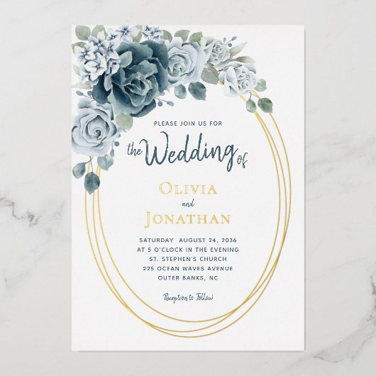 ダスティブルーフローラ水彩金箔結婚ズ 箔招待状 (正面)