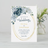 ダスティブルーフローラ水彩金箔結婚ズ 箔招待状 (立ち正面)