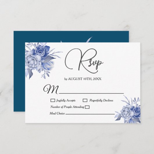 ダスティブルーフローラ水色多肉質結婚の 出欠カード (正面/裏面)
