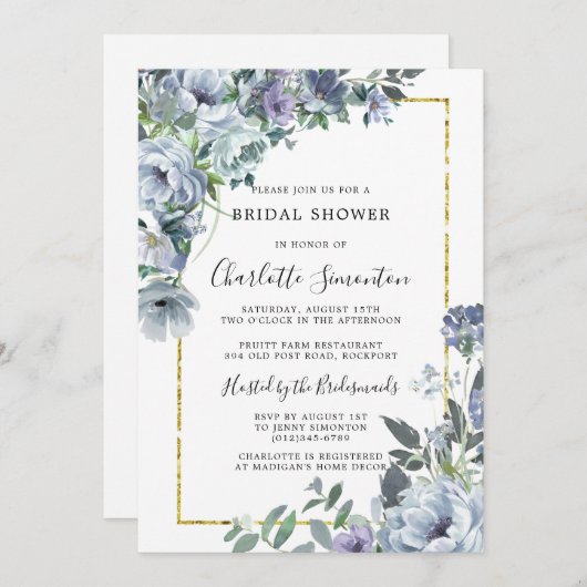 ダスティブルーフローラ素朴ブライダルシャワー 招待状 (正面/裏面)