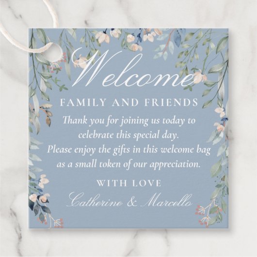 ダスティブルーフローラ結婚のウェルカムギフトバスケットバッグ フェイバータグ (正面)