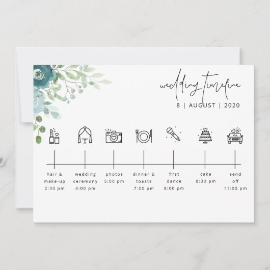 ダスティブルーフローラ結婚のタイムラインウェルカムカード 招待状 (正面)