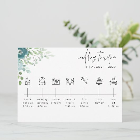 ダスティブルーフローラ結婚のタイムラインウェルカムカード 招待状 (スタンド正面)