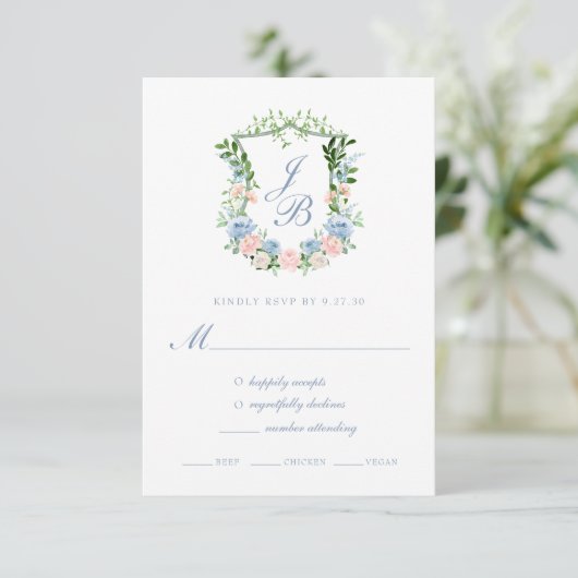 ダスティブルーフローラ結婚クレストの応答カード 出欠カード (スタンド正面)