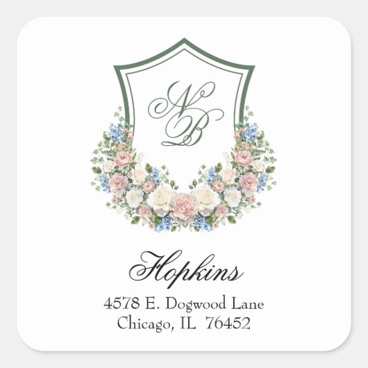 ダスティブルーフローラ結婚クレスト差出人住所 スクエアシール (正面)