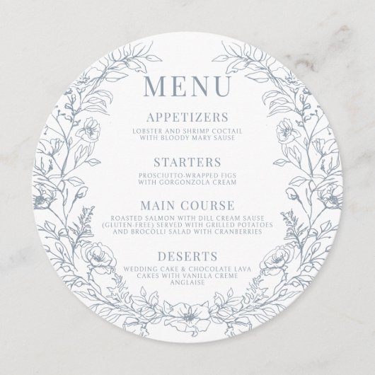 ダスティブルーフローラ結婚ラウンドのメニューカードプレート メニュー (正面)