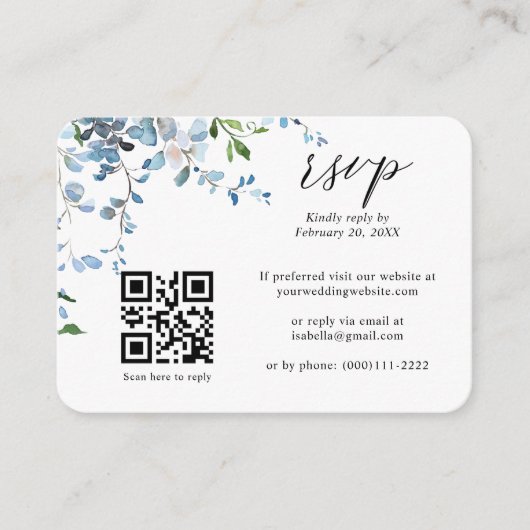 ダスティブルーフローラ藤QRコードウェディングRSVP エンクロージャーカード (正面)