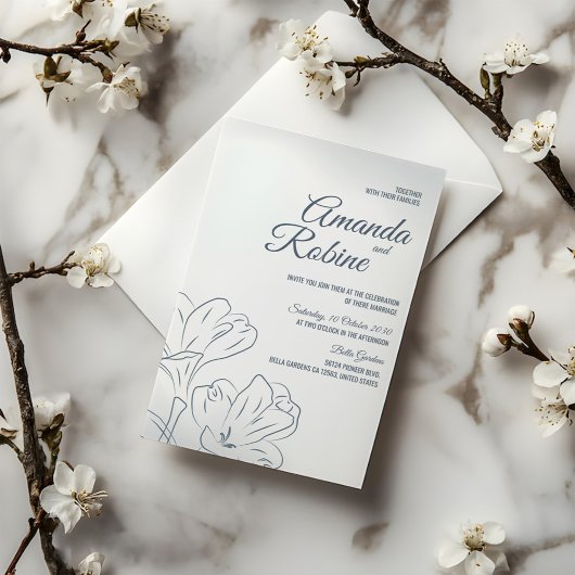 ダスティブルーフローラ輪郭結婚式招待状 招待状